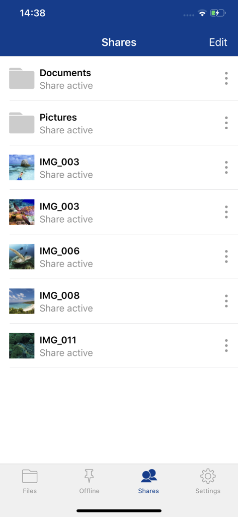 Mobile interface showing active file and folder shares in IONOS HiDrive