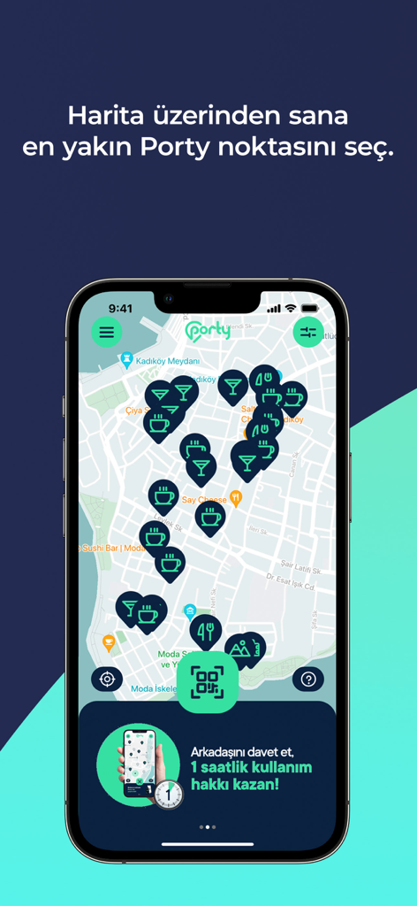Porty mobile app map showing nearby powerbank charging stations