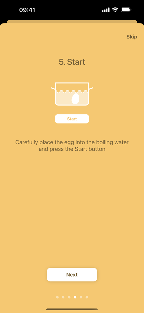 Egg Timer Plus app interface showing instructions to place an egg in boiling water and a start button