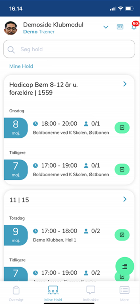 Klubmodul App-Oberfläche mit Team-Trainingseinheiten und Zeitplänen.