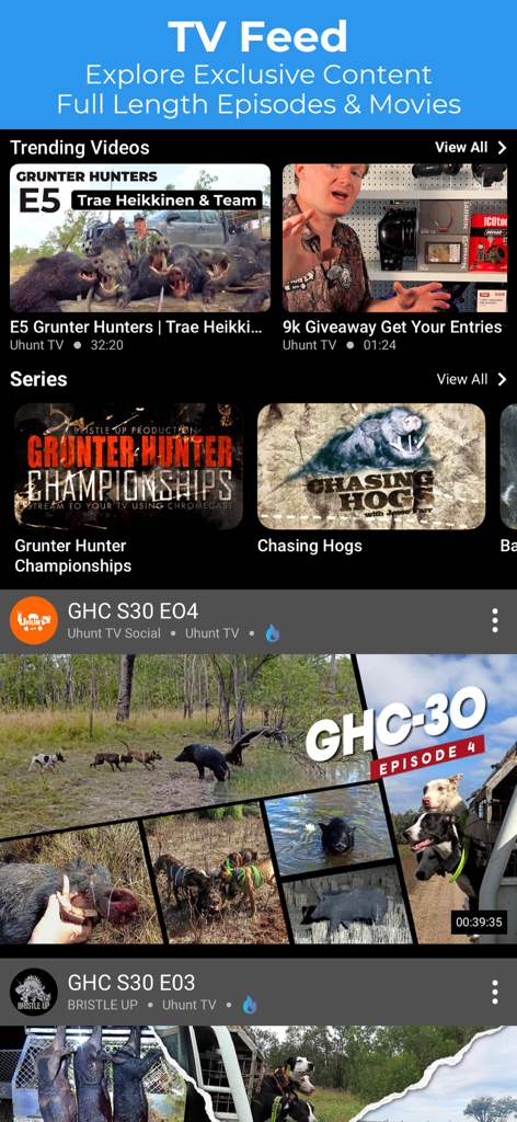 Interfaccia dell'app Uhunt 2.0 che mostra un feed TV con serie e video di caccia esclusivi.