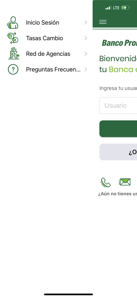 Banco Promerica Movil app showing the login page and navigation menu