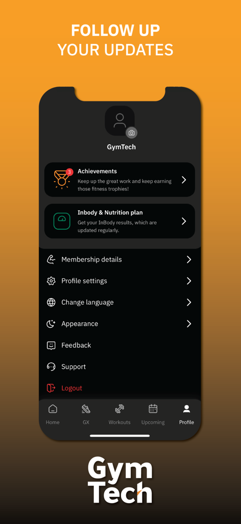 GymTech - The profile screen of the GymTech app showing sections for achievements nutrition plans and membership details.