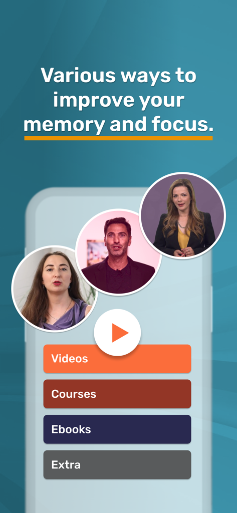 Effectivate – Brain Training - Pantalla móvil que muestra varias opciones de entrenamiento, incluidos cursos en video y libros electrónicos para mejorar la memoria y la concentración