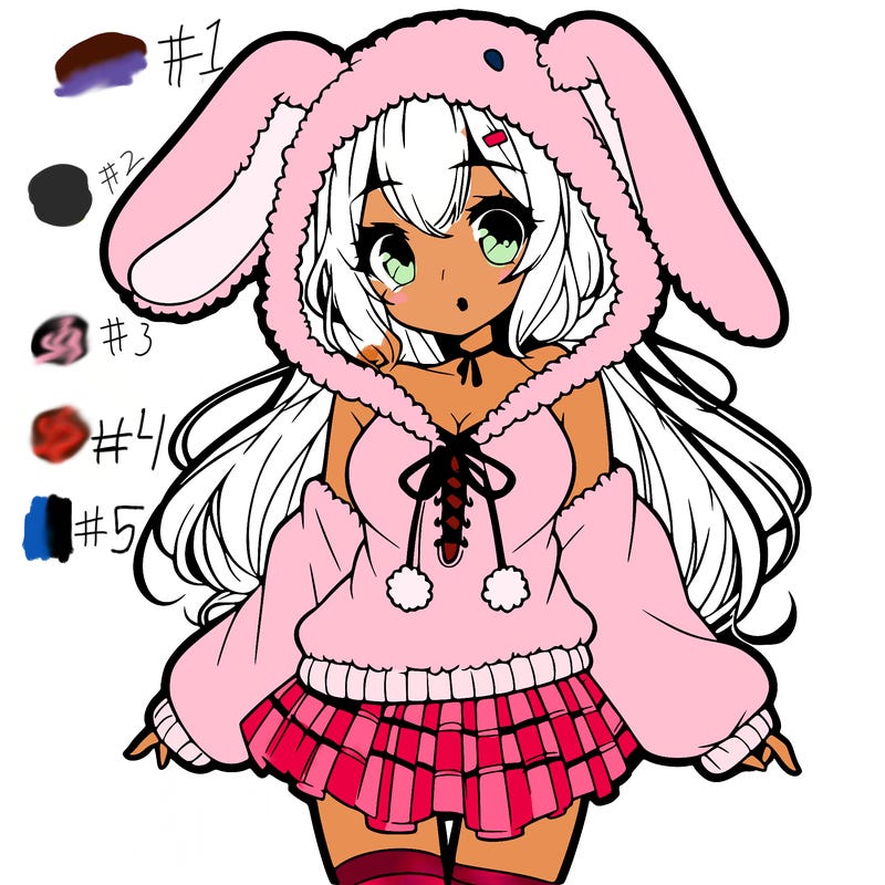 pretty anime girl wearing a fluffy hoodie with bunny ears on the hood and a skirt