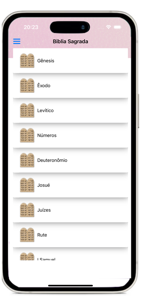 Biblia Católica  - Ave Maria - Interfaz de la aplicación móvil que muestra una lista de libros de la Biblia en portugués