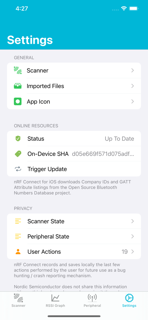 Settings screen of the nRF Connect for Mobile app showcasing configuration options for BLE developers