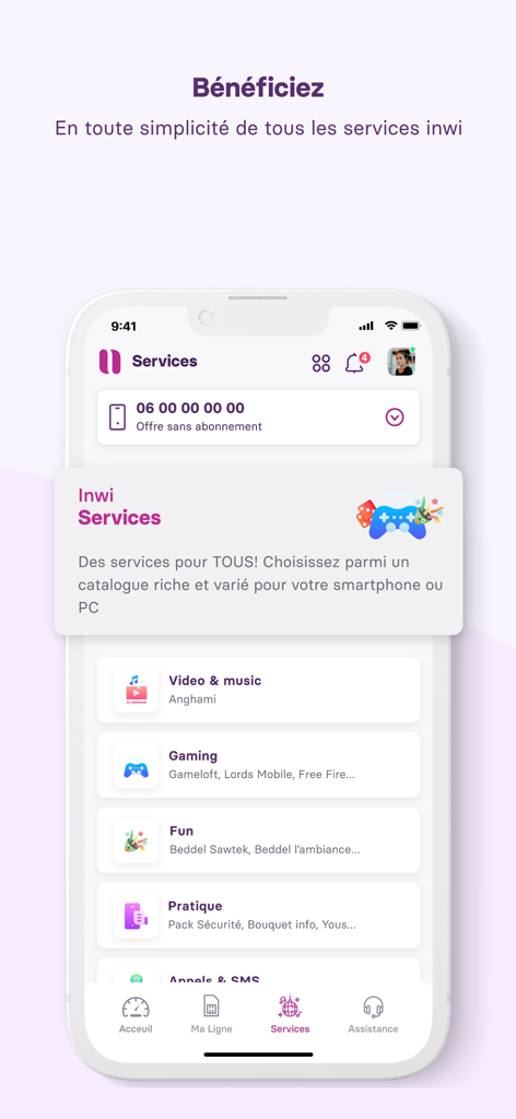 My inwi app services menu showcasing music gaming and practical service categories for users