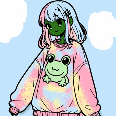 girl wearing frogging sweatshirt