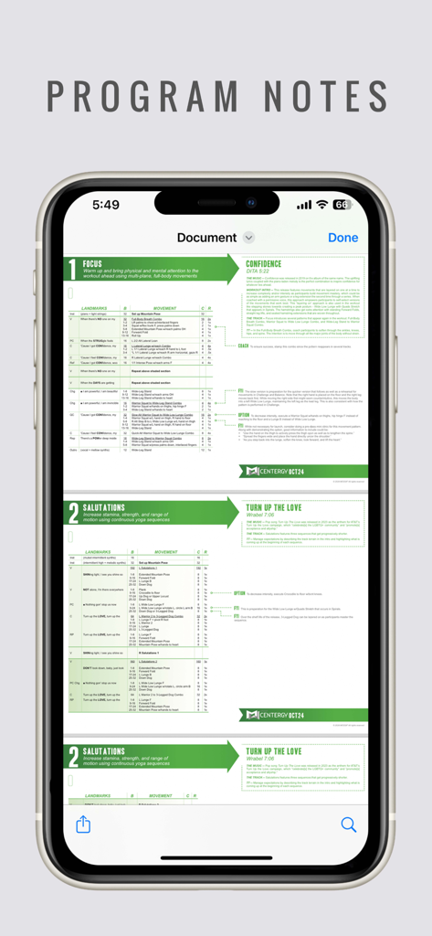 MOSSA GO - A smartphone screen displaying the MOSSA GO app with digital program notes and choreography for fitness instructors