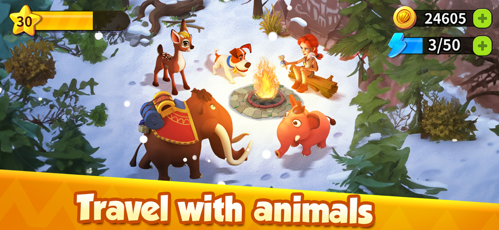 Felicia sitzt mit einem Hund, einem Reh und Mammuts in einer verschneiten Berglandschaft am Lagerfeuer in Family Farm Adventure