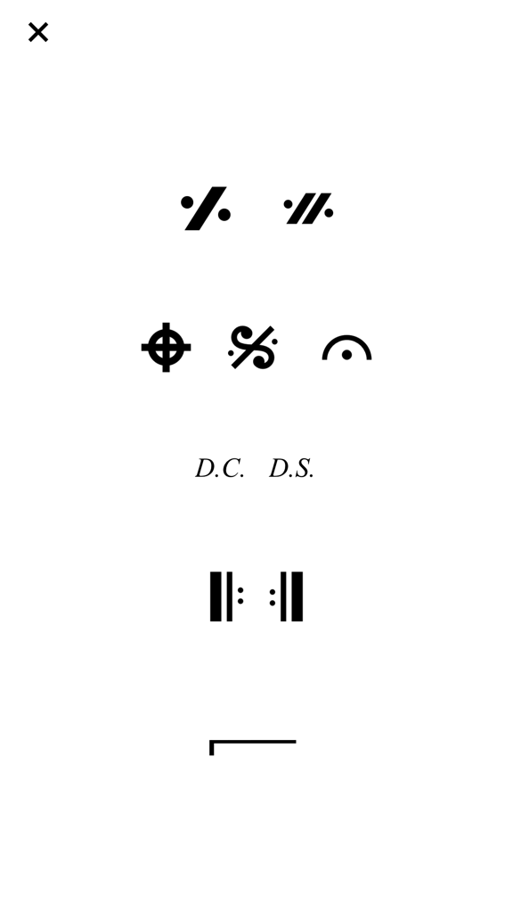 A collection of musical notation symbols including Coda, Segno, and repeat signs for chart making