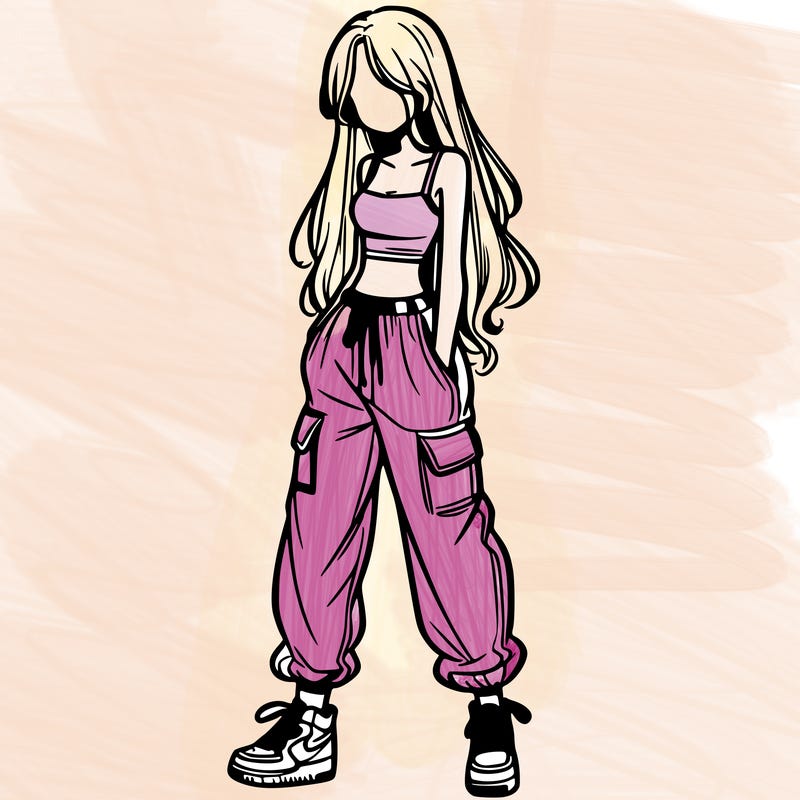 girl in baggy pants crop top and long hair