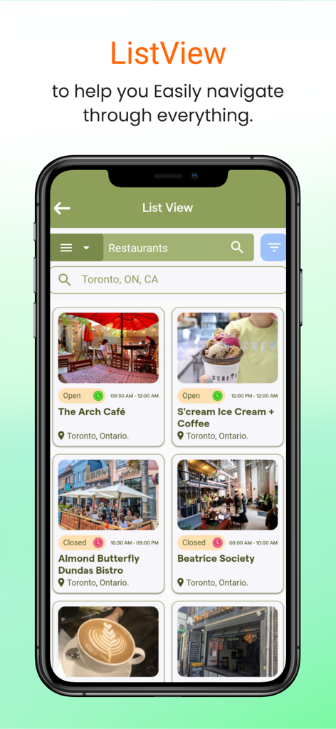 Wag Buddy - Bring Fido Along! - Wag Buddy app showing a list view of dog friendly restaurants and cafes in Toronto
