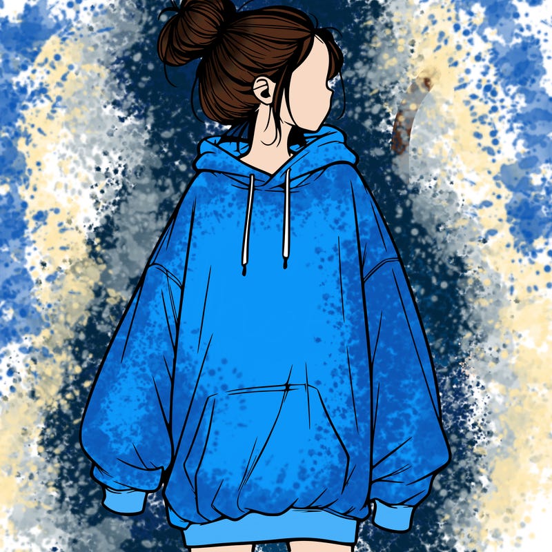realistic girl with a oversized sweatshirt on and a bun