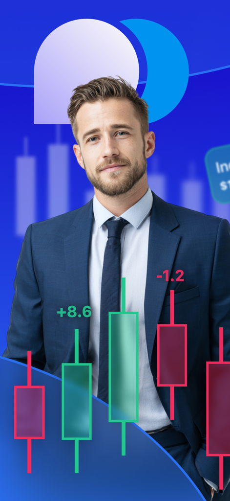 A professional trader in a suit with financial candlestick charts and stock market data