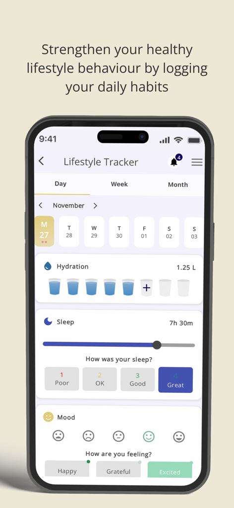 JEFF Fitness - JEFF Fitness app lifestyle tracker screen showing tools for logging daily habits including hydration sleep quality and mood.