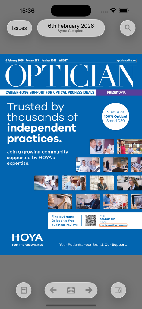 Digitale Benutzeroberfläche des Optician Magazine mit dem Titel der Wochenausgabe für Augenärzte