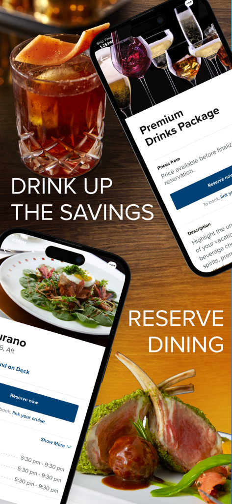 Celebrity Cruises app screens for booking premium drinks packages and reserving specialty dining