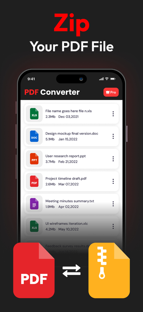 モバイルアプリのインターフェース。さまざまなファイルタイプのリストとともにPDFドキュメントのzip機能が表示されています。