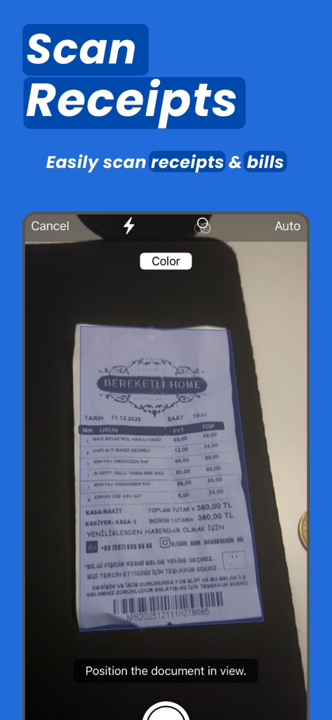 領収書をスキャンしてデジタル整理するためのスマートフォンカメラを表示するモバイルアプリのインターフェース