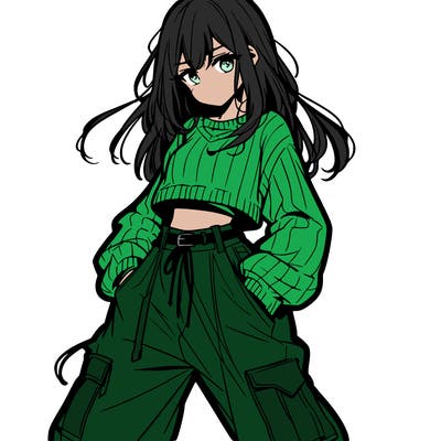 anime teen girl with baggy pants and crop top with sweater