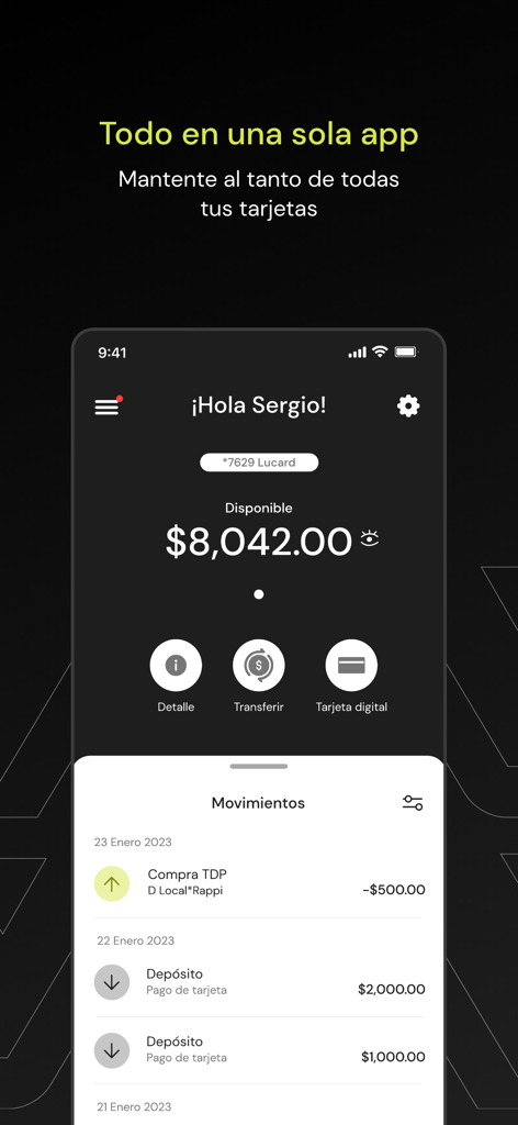 Lucard MX - Lucard MX app interface showing account balance and recent financial transactions