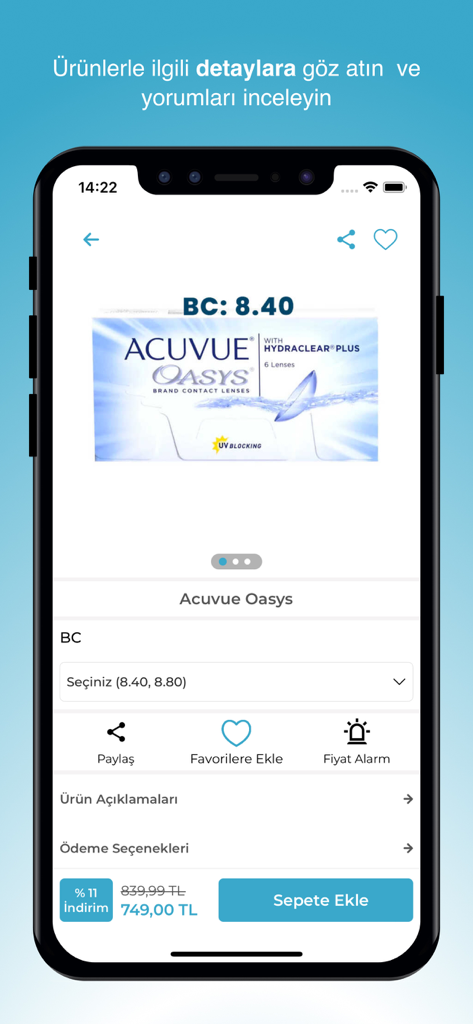 Lensoptik.com - Lensoptik mobile app screen showing Acuvue Oasys contact lens product details and pricing