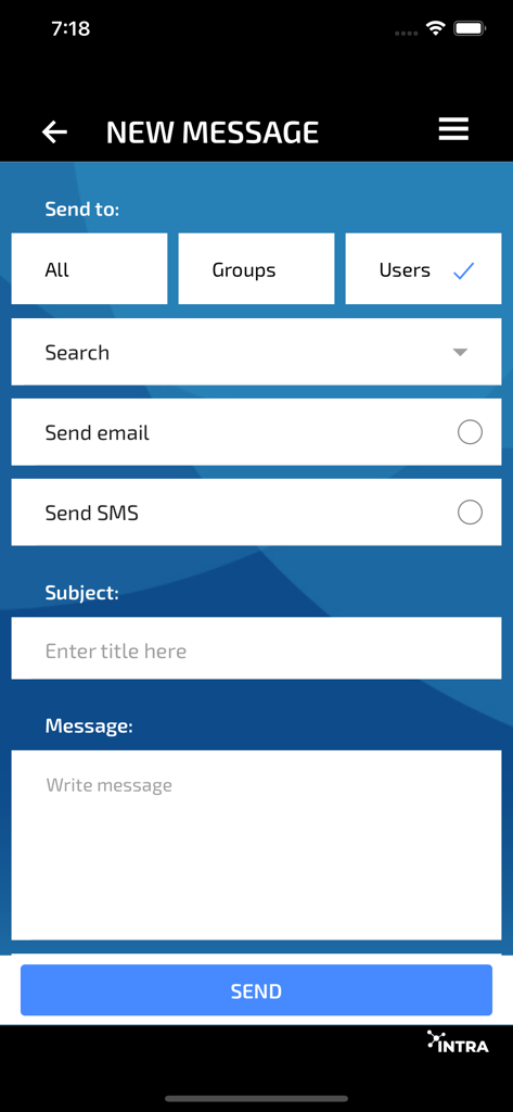 Interfaz para enviar un nuevo mensaje de correo electrónico o SMS dentro de la aplicación INTRA