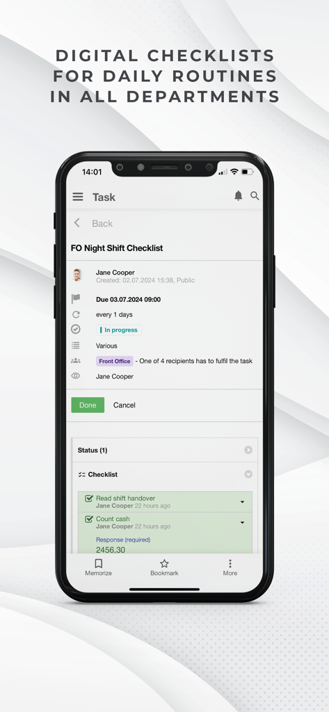hotelkit - Hotel night shift checklist on the hotelkit mobile app showing daily routine tasks and status