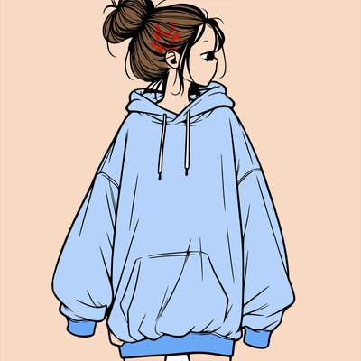realistic girl with a oversized sweatshirt on and a bun
