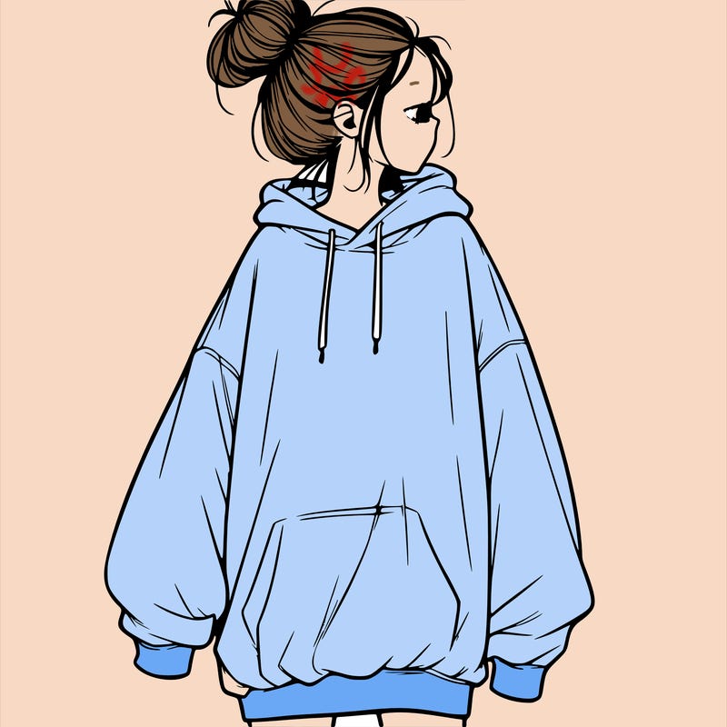 realistic girl with a oversized sweatshirt on and a bun