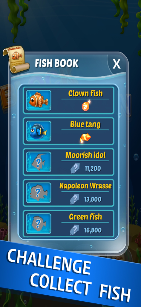 Block Ocean Puzzle 1010 - A screenshot of the Block Ocean Puzzle 1010 Fish Book menu showing unlocked fish like Clown fish and Blue tang alongside locked species to collect.