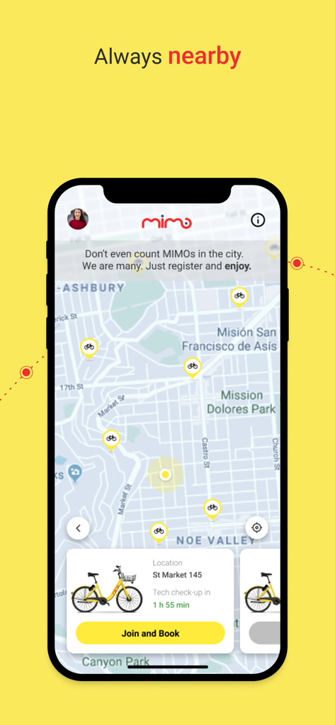 Vista del mapa de la aplicación Mimo Meta Sharing que muestra bicicletas disponibles para alquilar en una ciudad