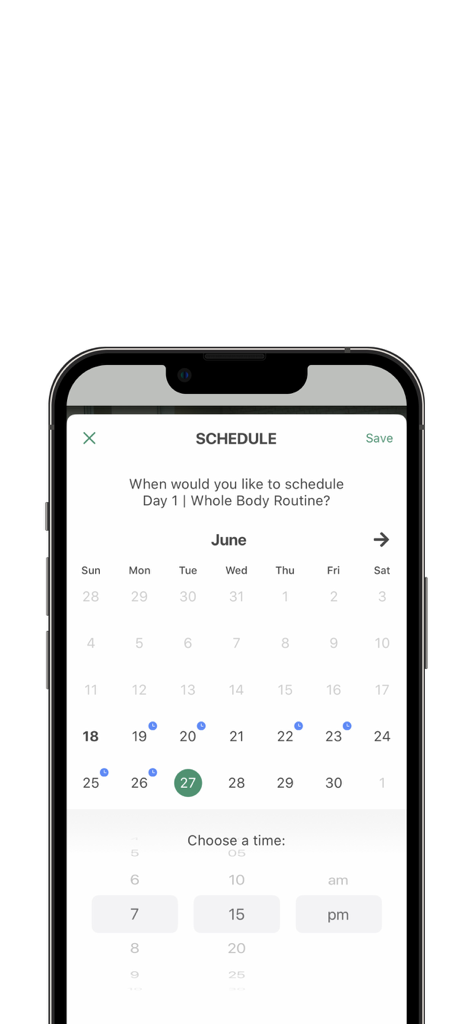 Interface of the Dynamic Golfers app for scheduling a daily fitness routine using a calendar and time selector.