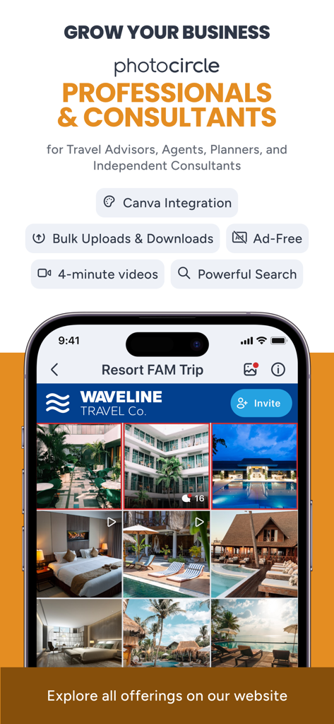 PhotoCircle app showing business sharing features for professionals and consultants