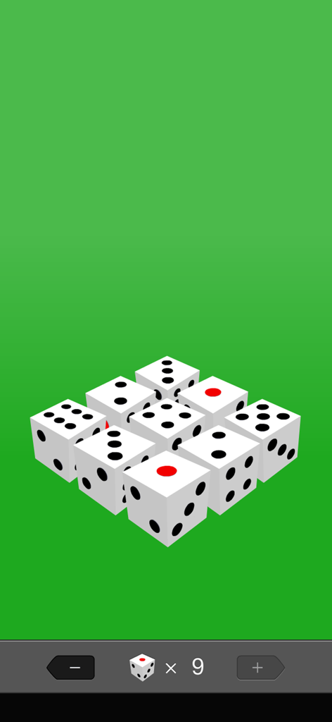 10 Dice - Capture d'écran de l'application mobile 10 Dice montrant neuf dés sur fond vert