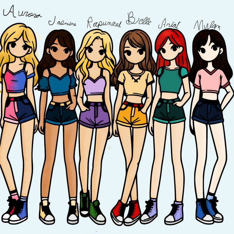 a group of girls wearing crop tops and shorts