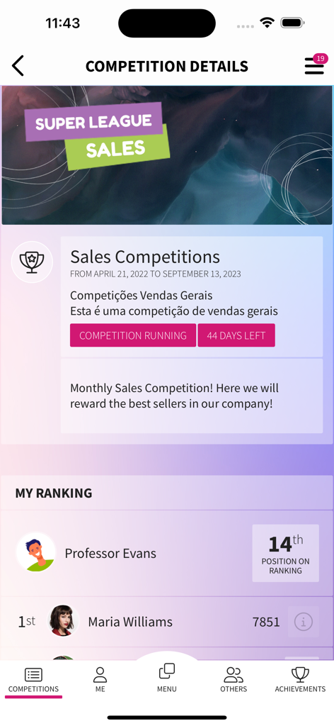 GFoundry - GFoundry App-Bildschirm mit Verkaufs-Wettbewerbsdetails und Mitarbeiter-Ranglisten