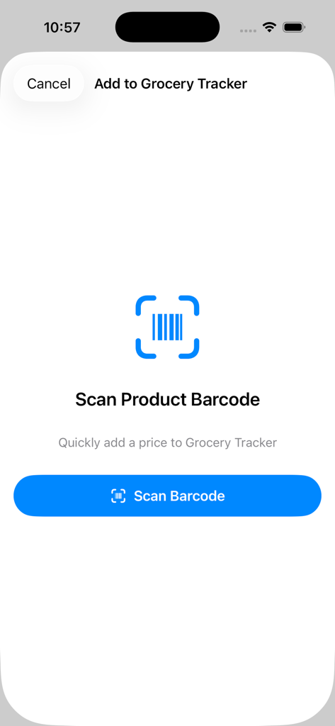 Smart Grocery Tracker - Interface of the Smart Grocery Tracker app showing the barcode scanner feature to add product prices