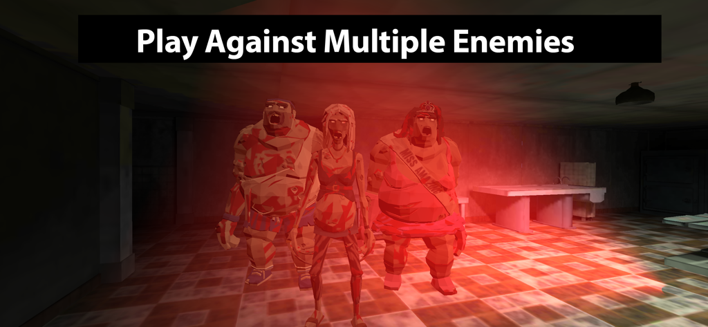 Three terrifying character enemies standing in a dark room lit by red light in the game Asylum 77.