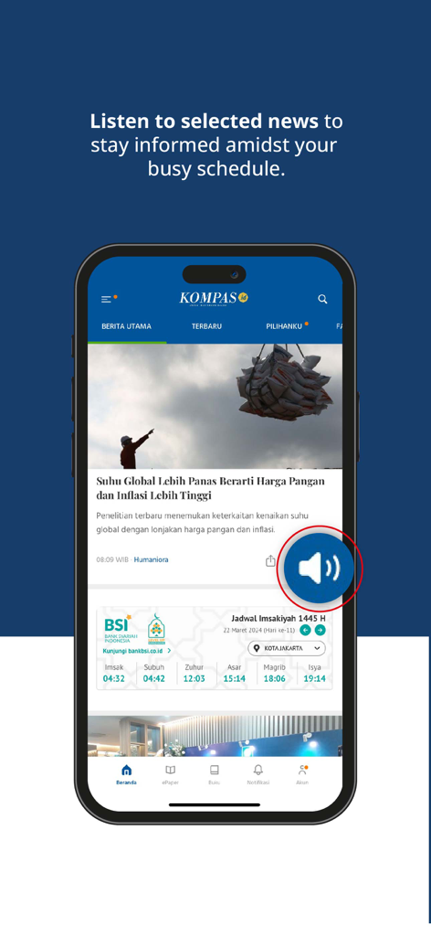 A mobile phone displaying the Kompas.id news app with a highlighted audio icon for listening to news articles.