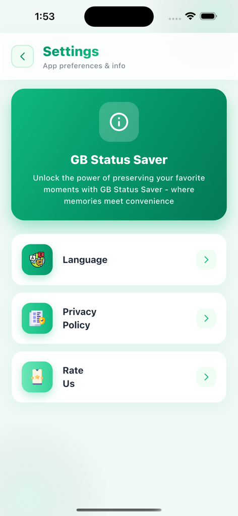 DualChat – WhatSacn Web - Settings page of the DualChat app showing language privacy and rate us options