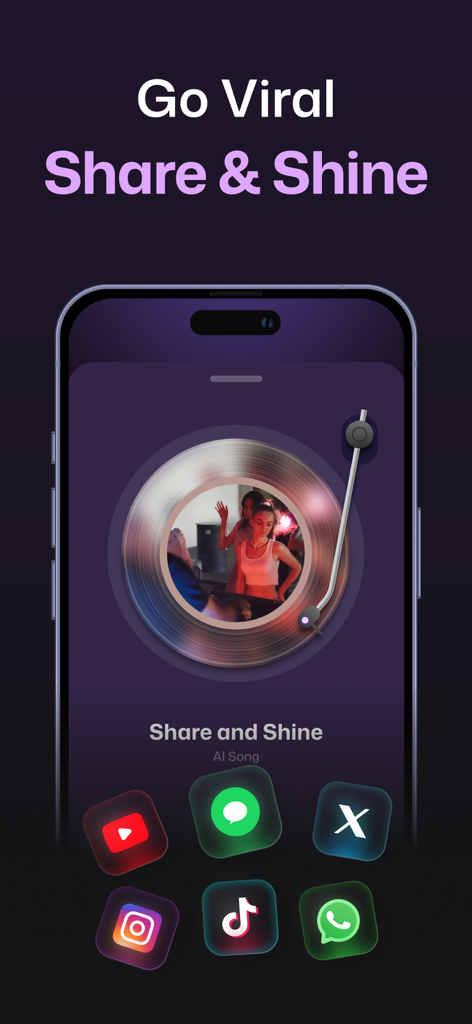 AI Song Generator: Magic Music - Interfaz de aplicación móvil que muestra una interfaz de reproductor de discos de vinilo con iconos para compartir canciones generadas en TikTok, Instagram y YouTube.