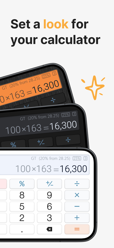 Calculator Plus with History - Tres pantallas que muestran diferentes temas de color para la interfaz de la aplicación Calculator Plus.