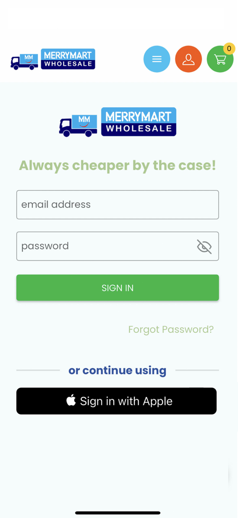 MM Wholesale - Login screen for the MM Wholesale app with email and password fields and Sign in with Apple option