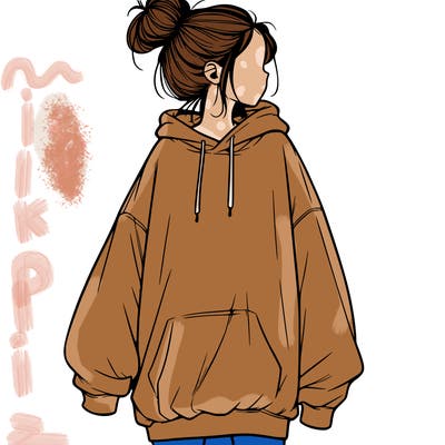 realistic girl with a oversized sweatshirt on and a bun