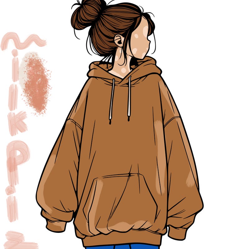 realistic girl with a oversized sweatshirt on and a bun