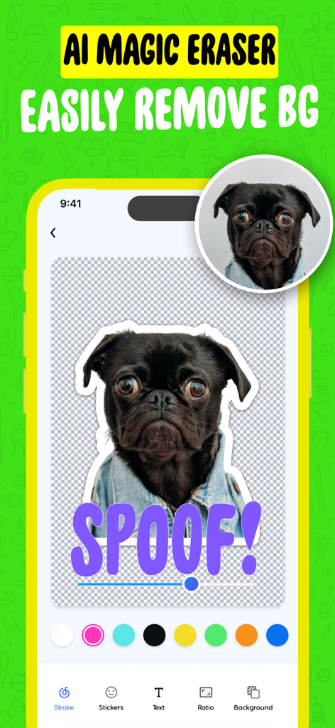 Sticker Maker app interface showing AI background removal tool to create custom dog stickers