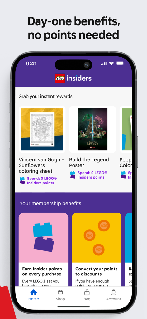 Interface de l'application mobile LEGO Insiders montrant des récompenses instantanées et des avantages d'adhésion